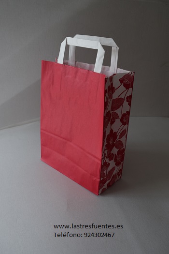 bolsa papel asa plana roja con flores